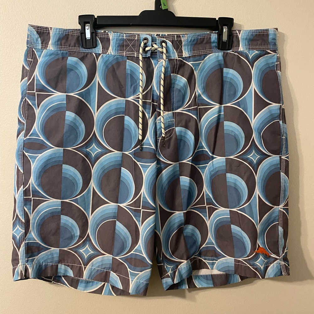 Mens‎ Tommy Bahama Blue Black Circles Lined Swim Trunks Size Large